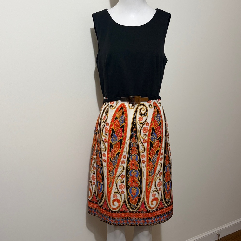 Charter Club Dress Black A-Line Orange White Blue Paisley Bleated Size 10P